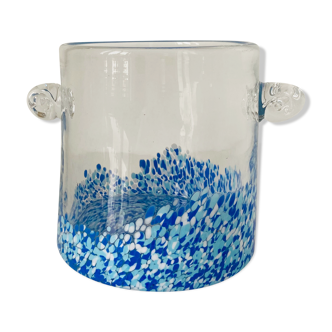 Cylindrical vase with handles in colorless glass splashed with blue and white in the lower part