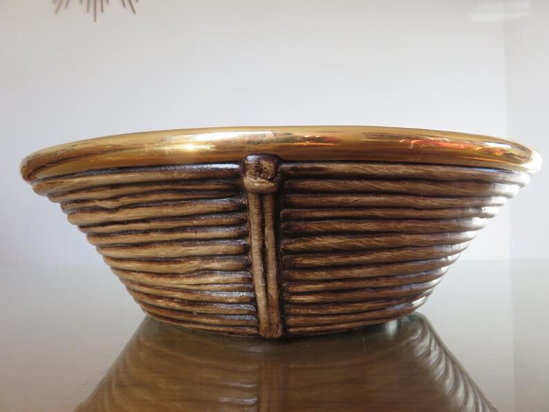 Ceramic basket with rattan and brass in the 70s