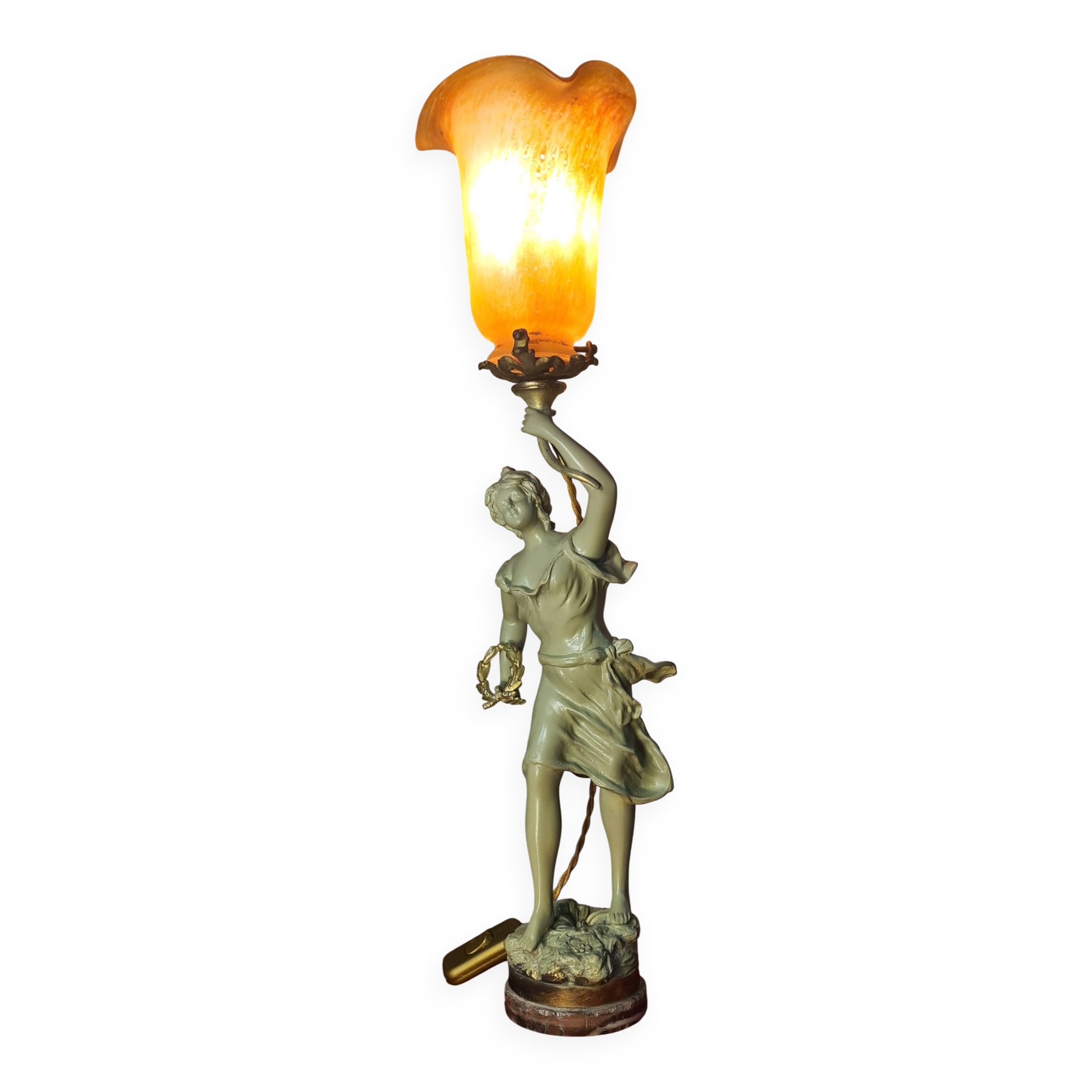 1900 brass lamp with glass paste tulip signed tief, 56x15