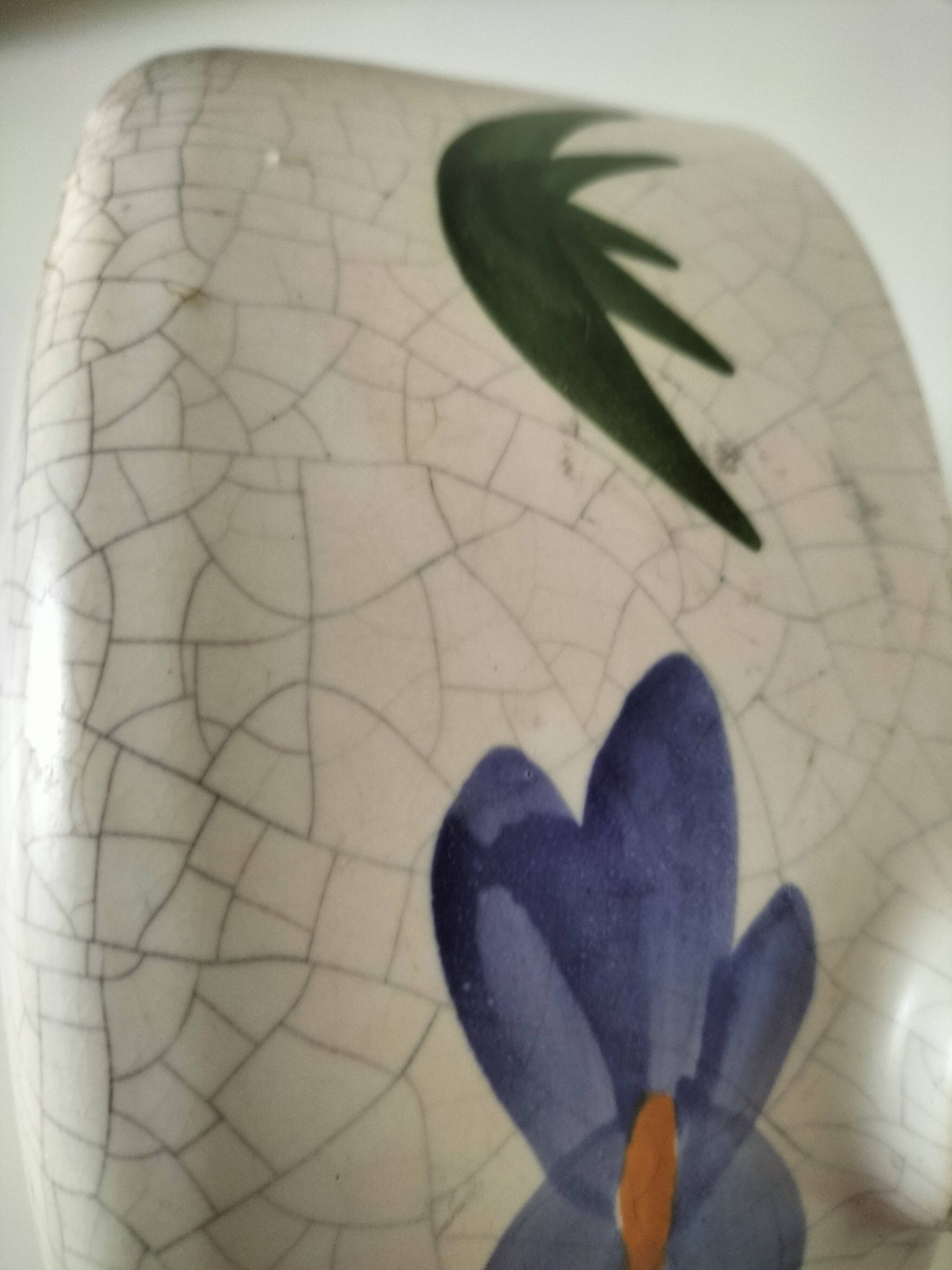 Large antique crackled ceramic fondue pot decorated with blue flowers