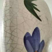 Large antique crackled ceramic fondue pot decorated with blue flowers