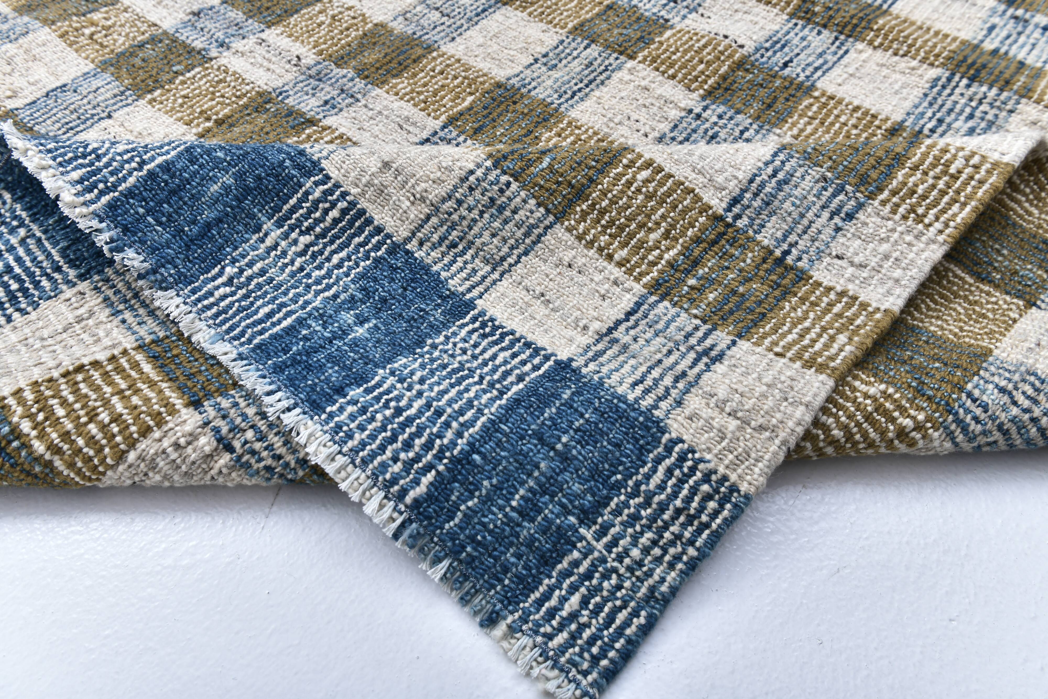 scandinavian kilim 290x190 cm , blue beige and  mustard colour.