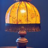 bedside lamp turned wood, lampshade dome ecru flowers and brown, rustic & romantic, 50s