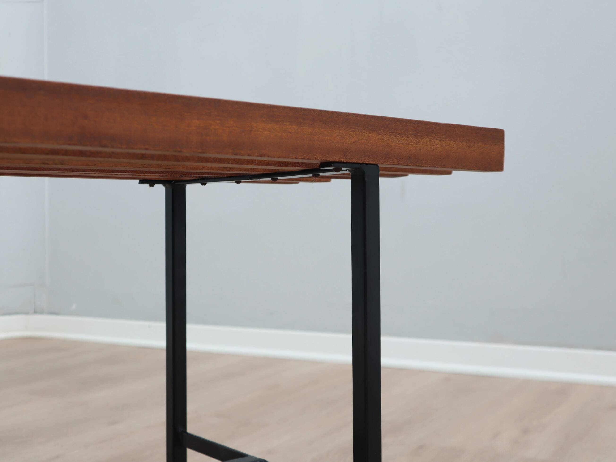 Mid-Century slatted teak bench with iron frame Italy 1950s