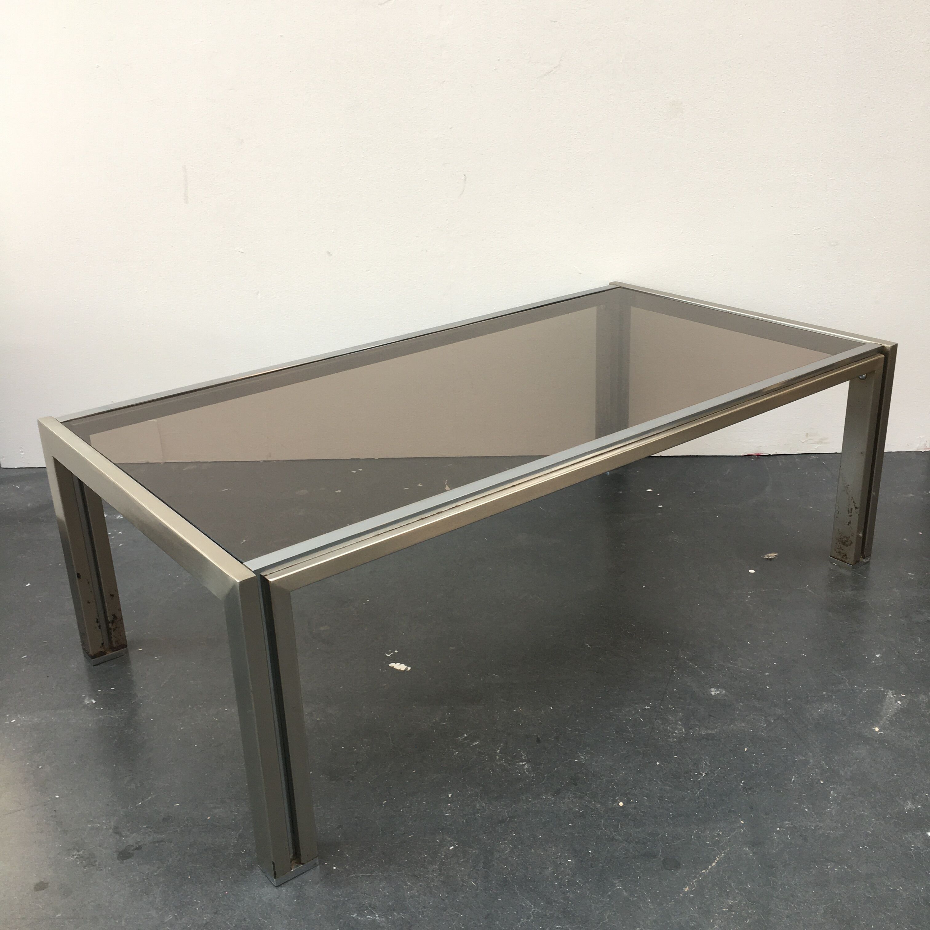 70s coffee table in chrome and smoked glass