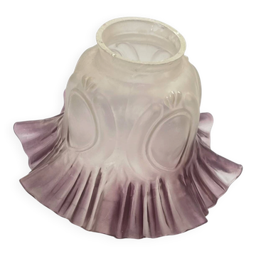 Antique tulip lampshade in transparent glass with a purple rim.