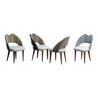 Set 4 chaises velours dacron mille rayures bois '70