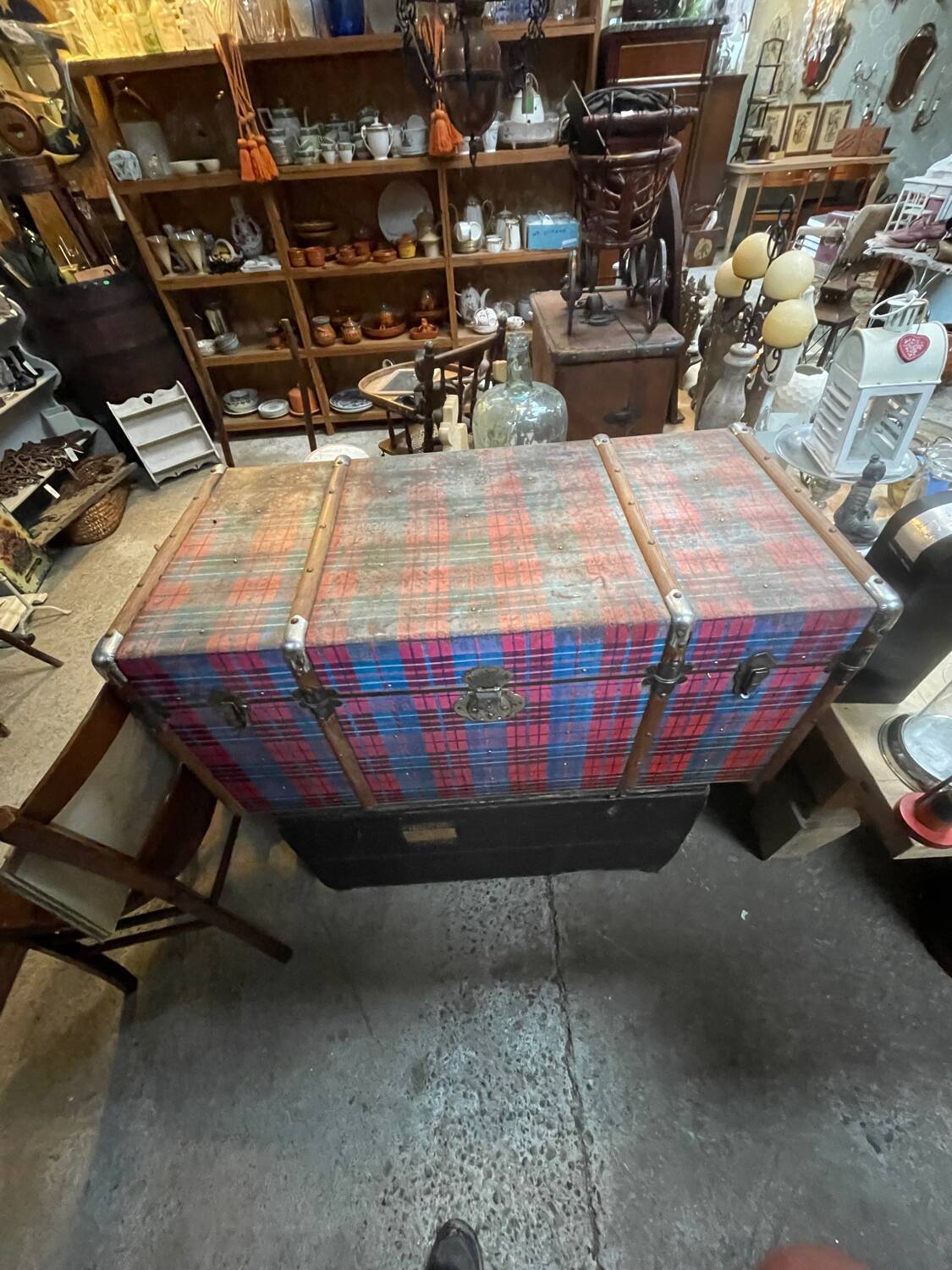 Old wooden and metal travel trunk