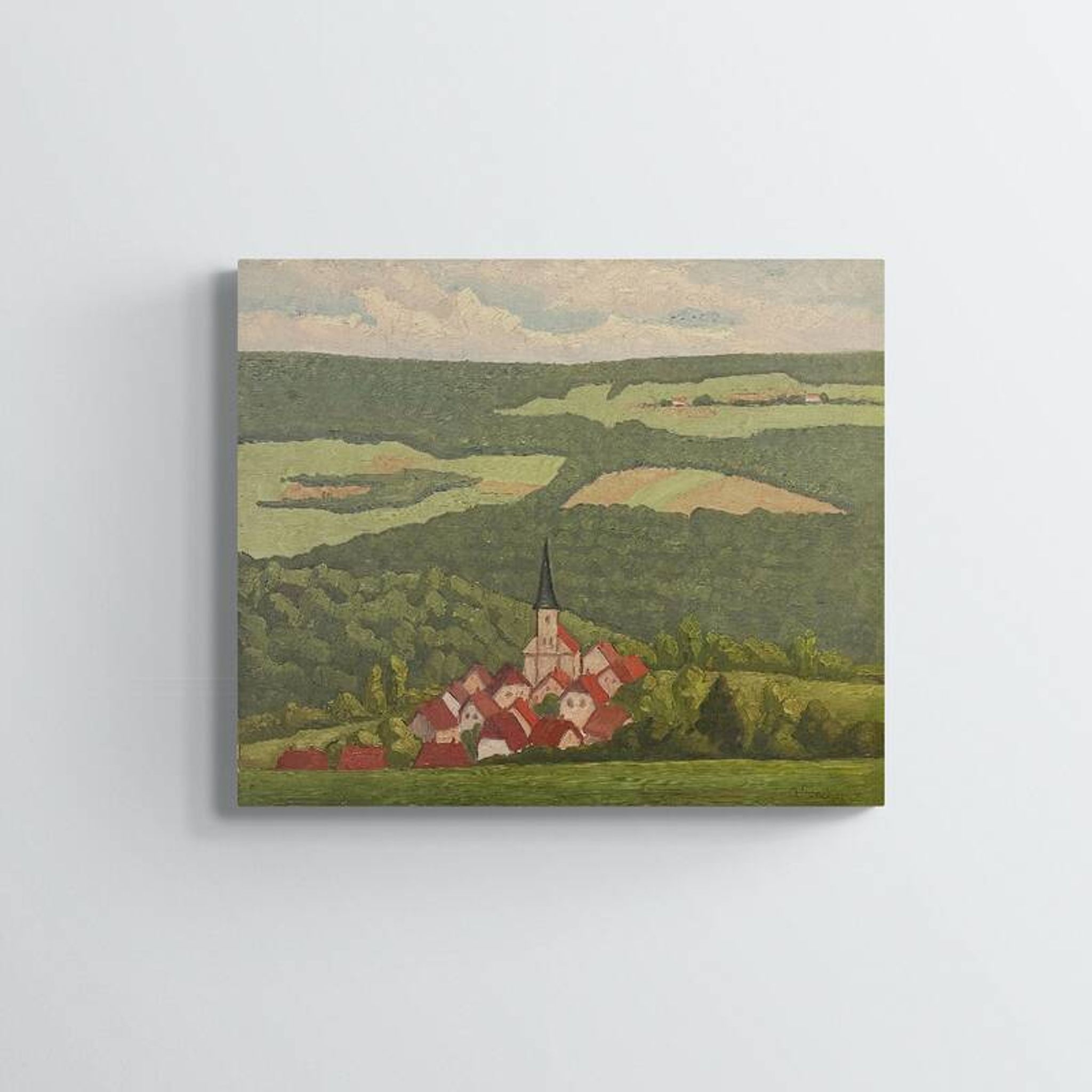Painting bell tower in the countryside, signed a panchon, oil on canvas, 54x65cm