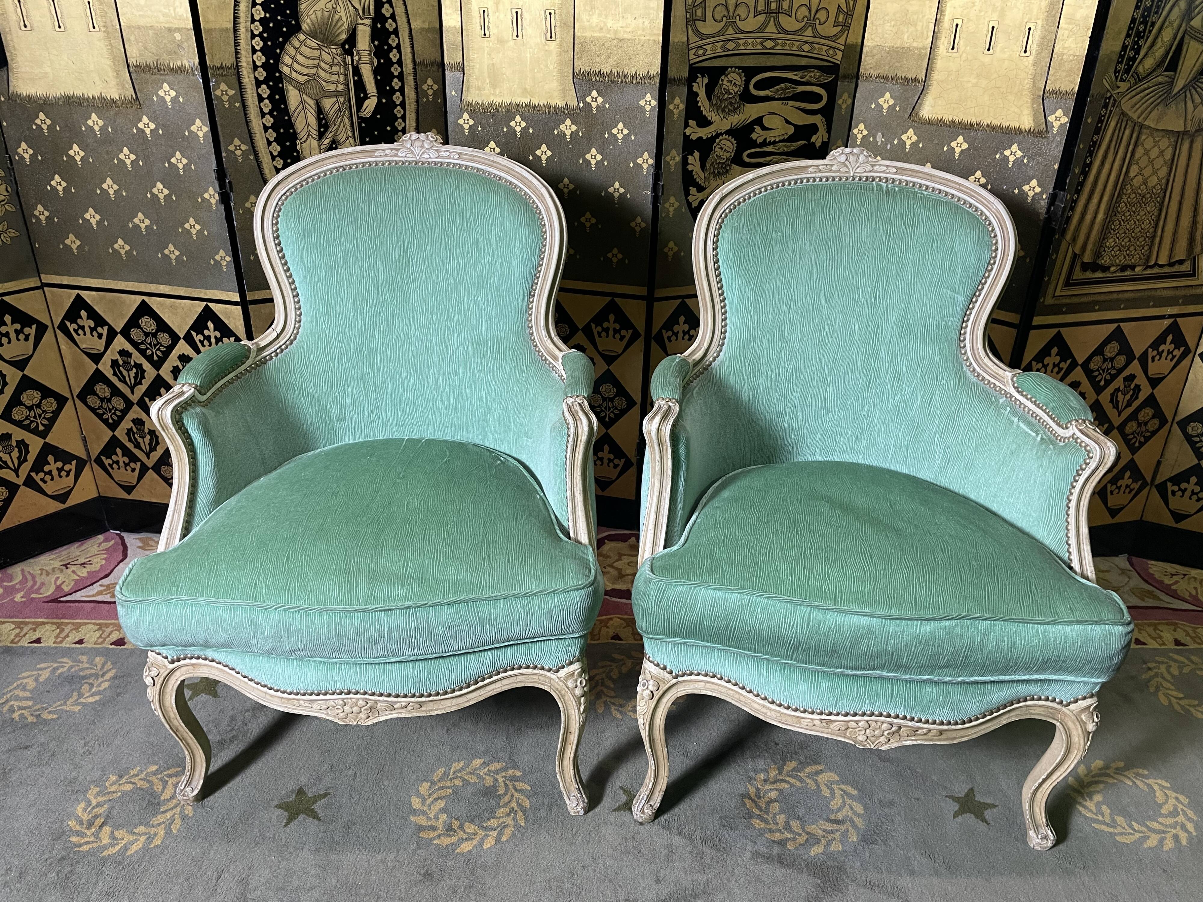 Pair of green Louis XV style bergères armchairs