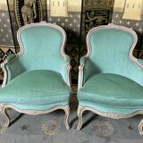 Pair of green Louis XV style bergères armchairs