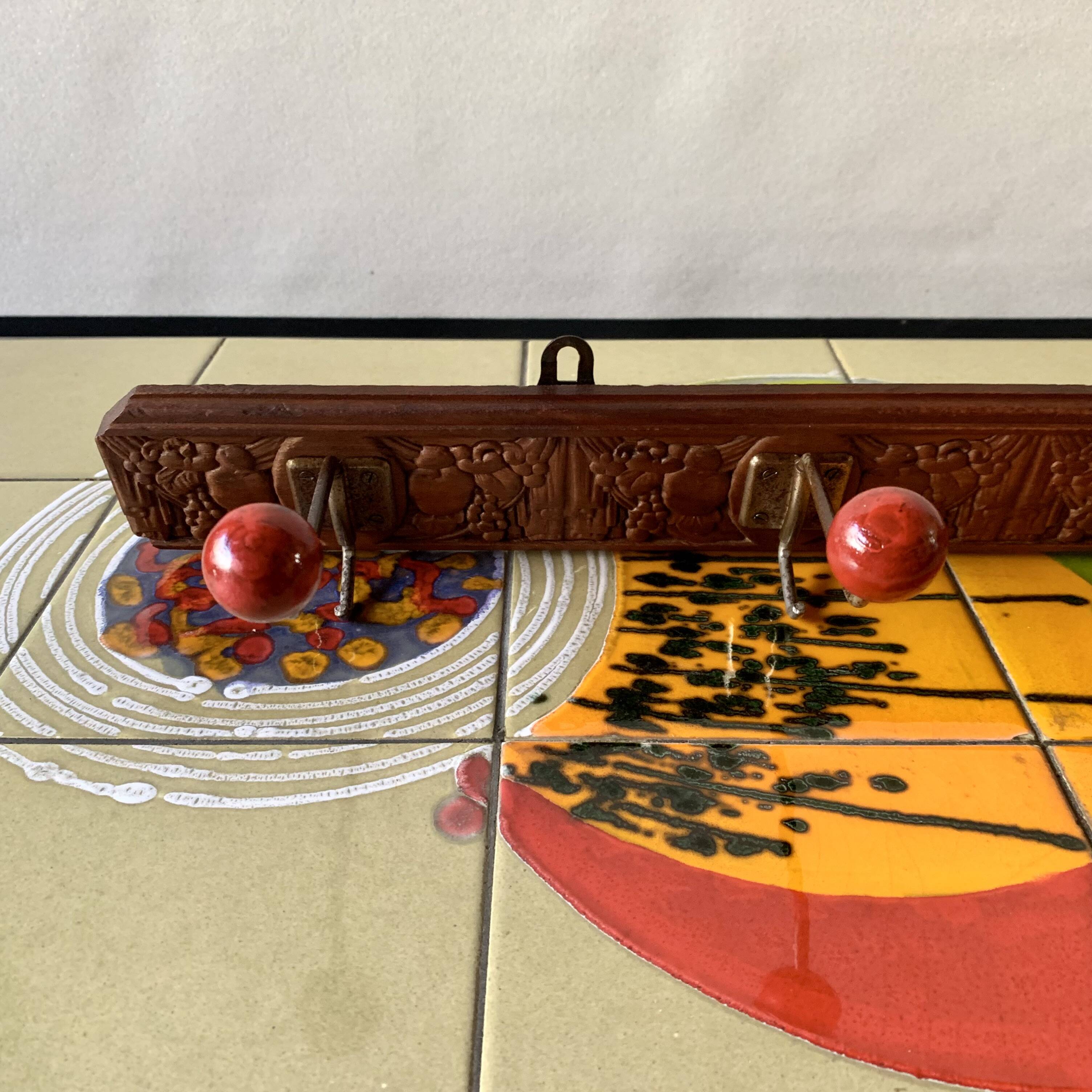 Vintage carved wooden wall coat rack - 4 red balls