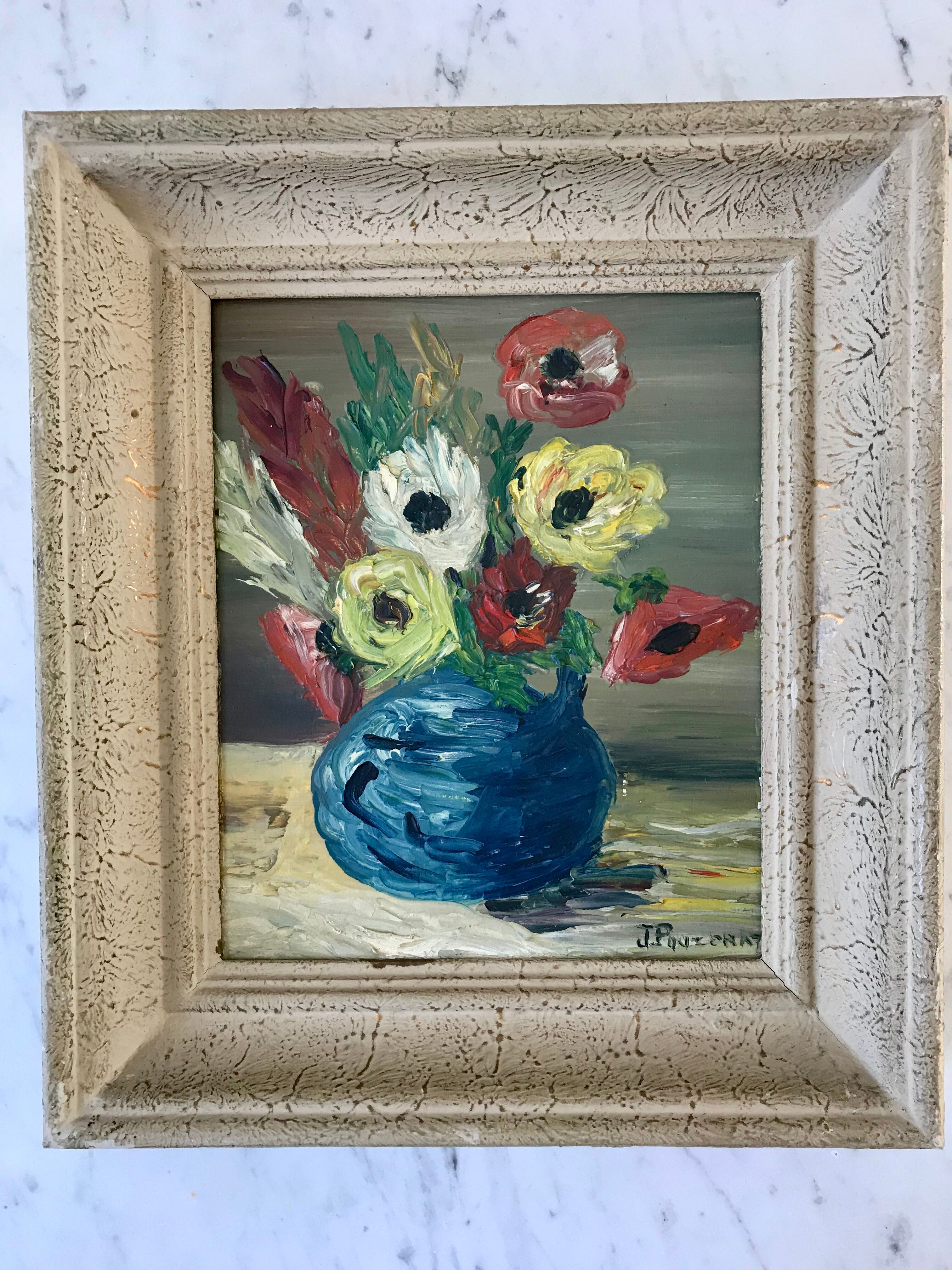 Painting still life bouquet flowers framed 50s
