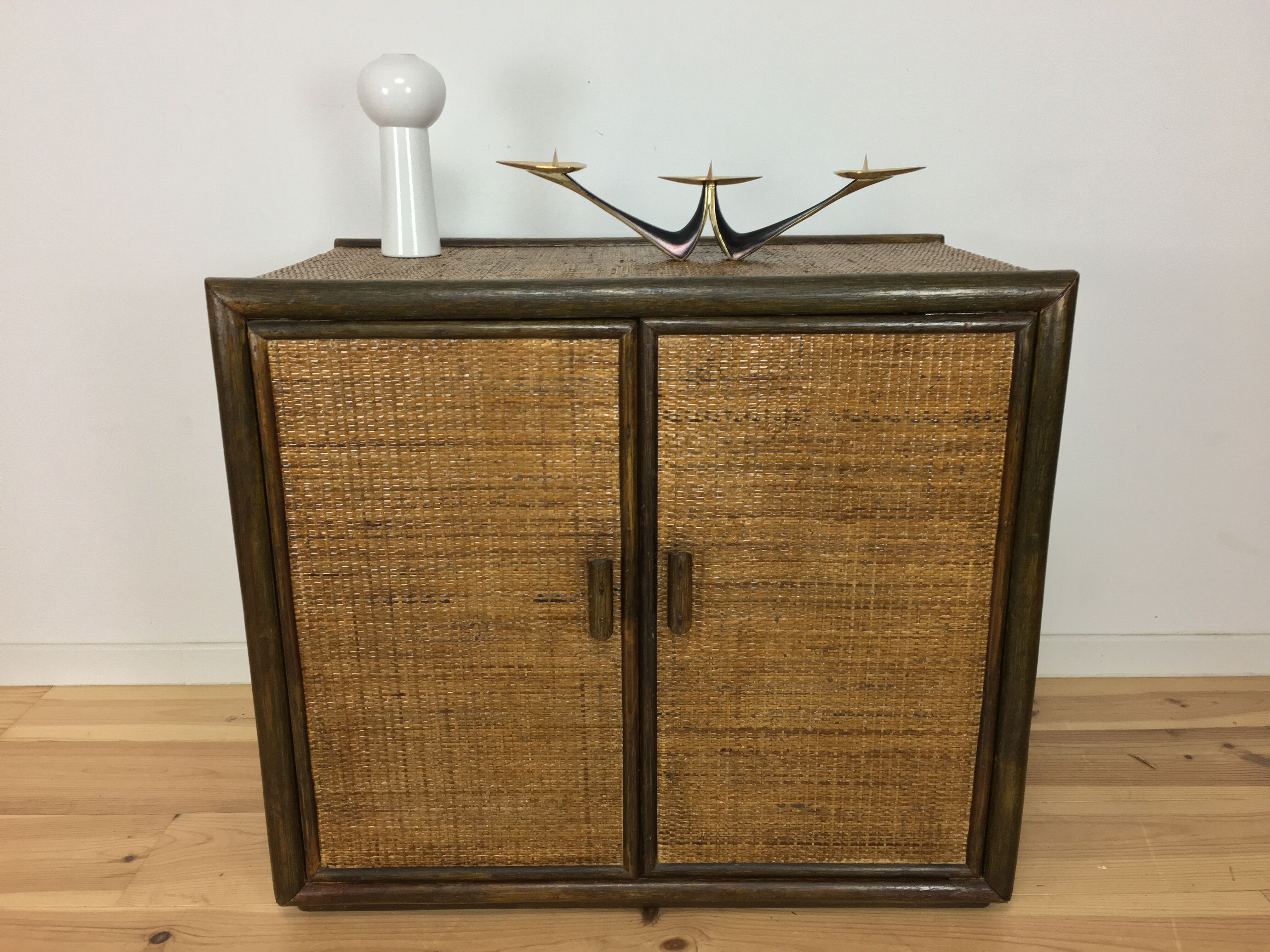 2-door woven rattan dresser, 70s