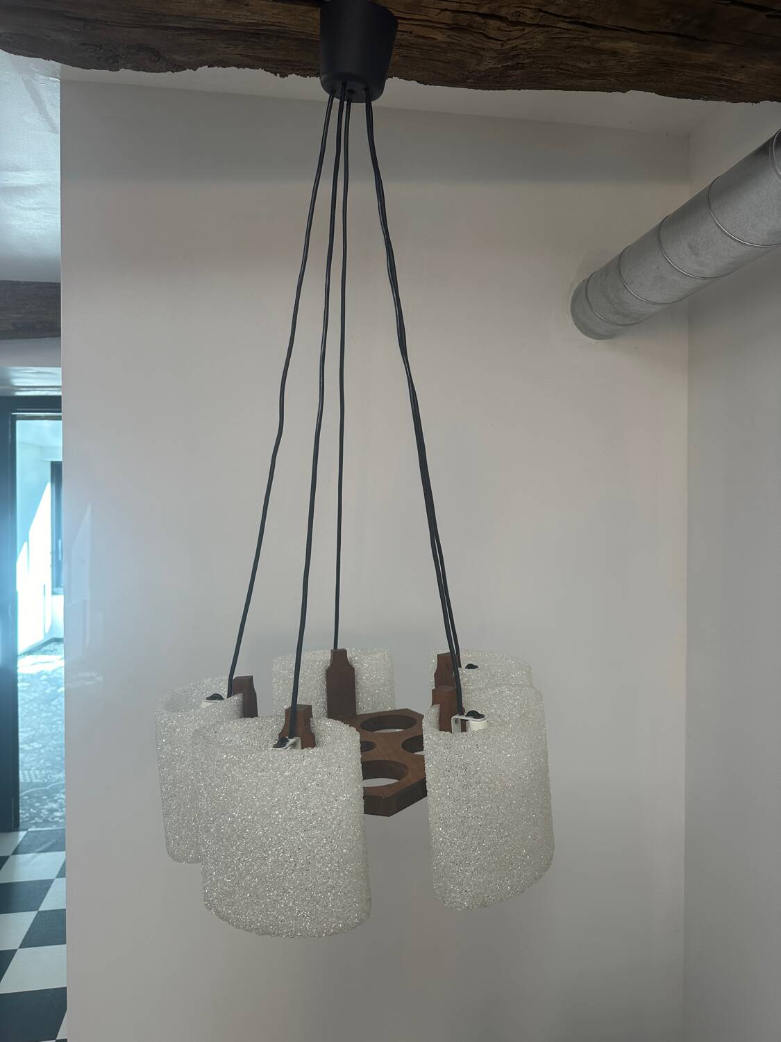 Pendant light in granite resin and wood, 1950s