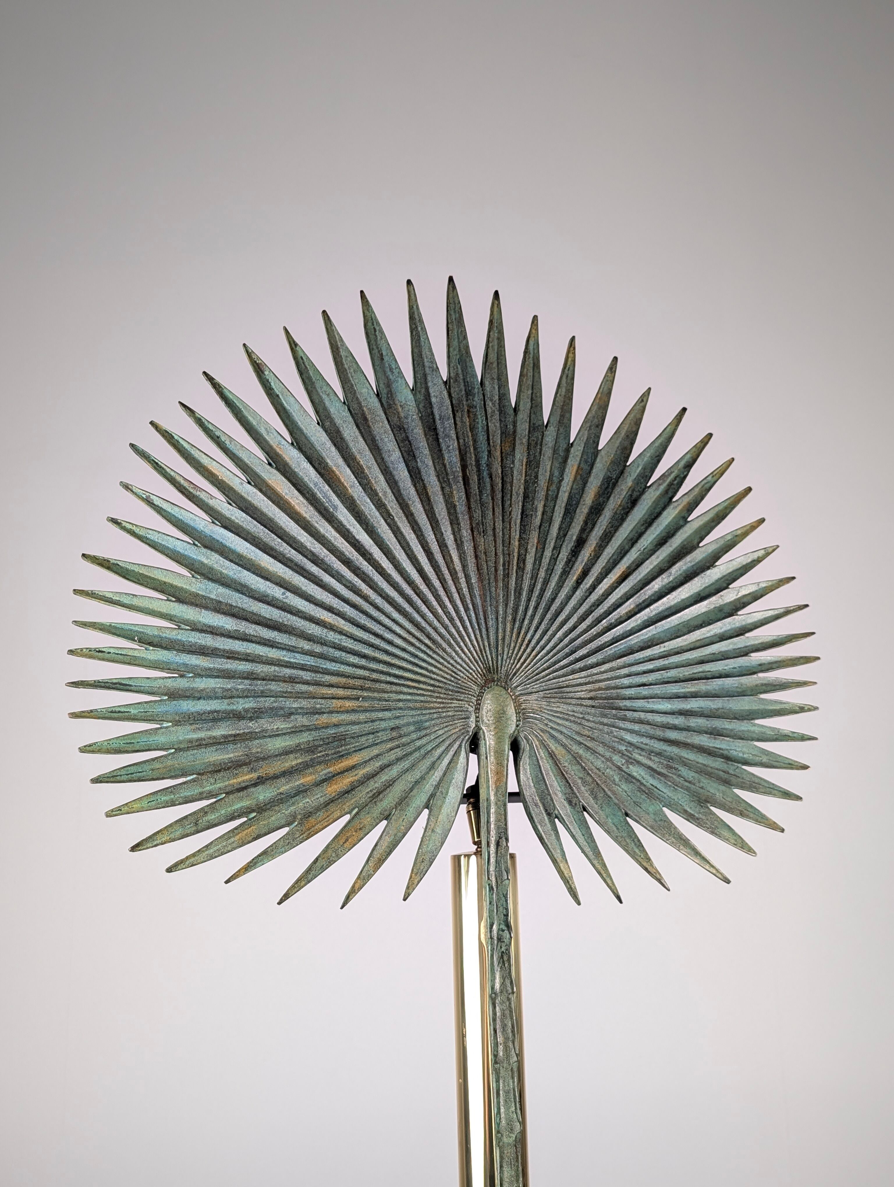 Monumental Valenti table lamp with fan palm leaf in bronze and brass, 1970s