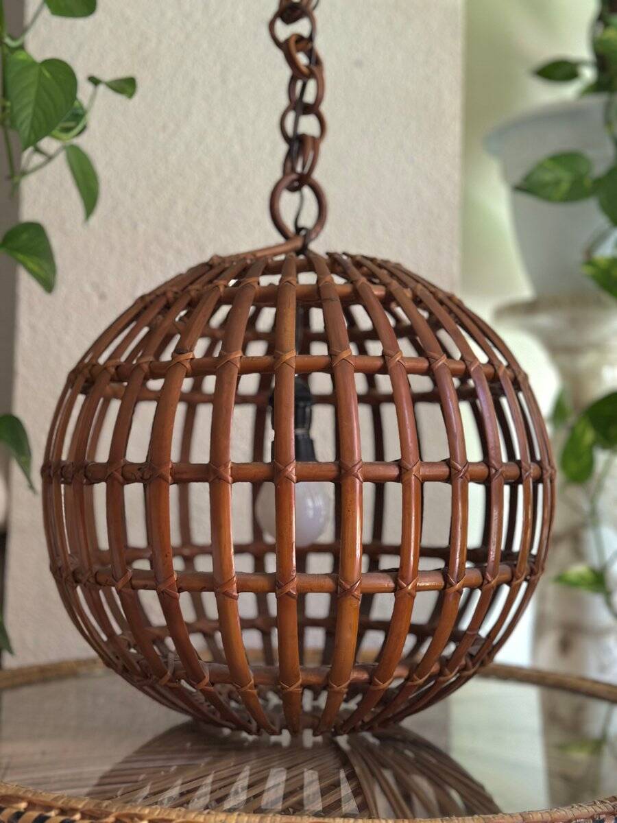 Large Italian spherical wicker pendant light, 1950s.