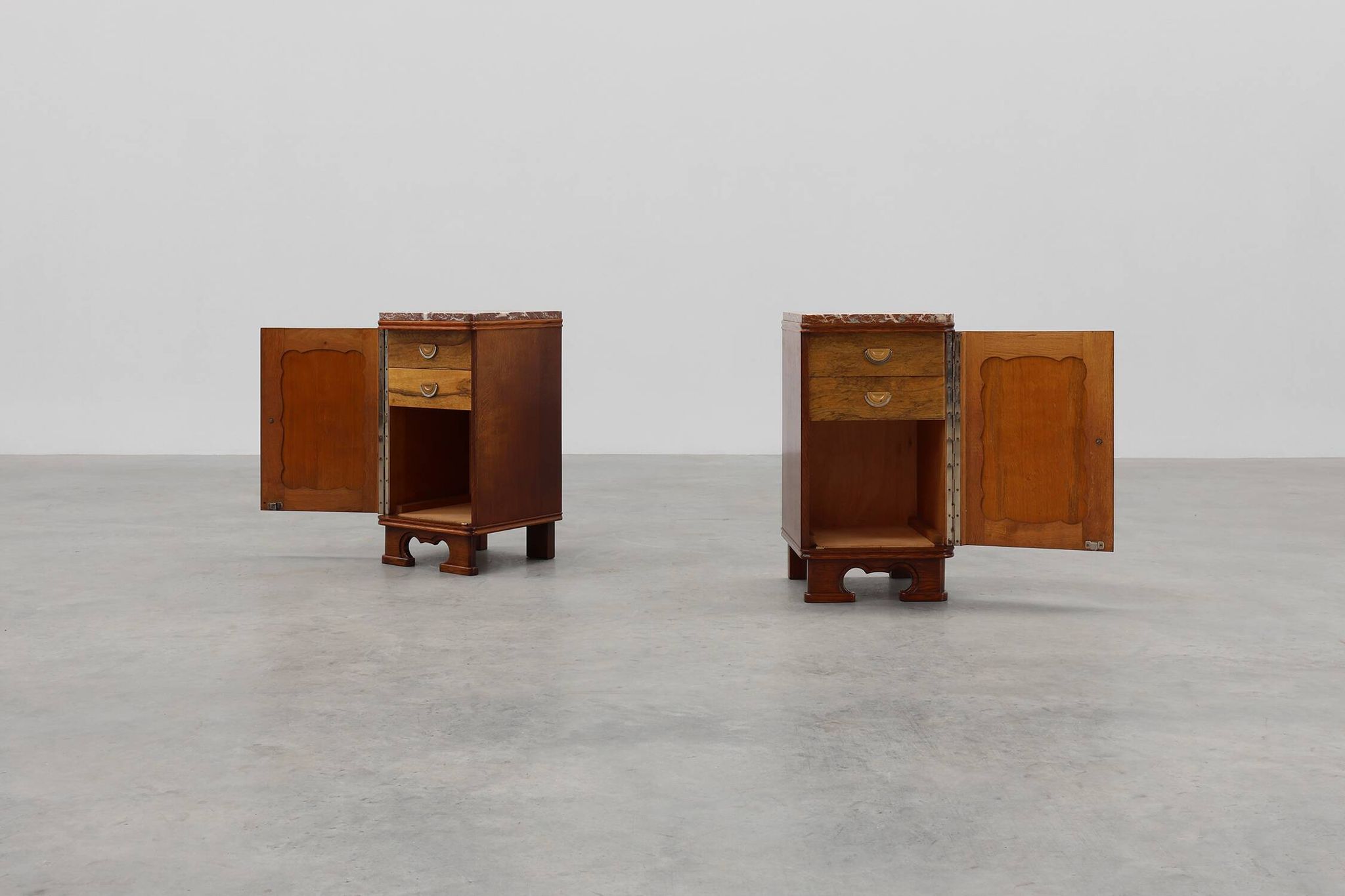 Pair of Art Deco nightstands in oak with marble top, France ca. 1925