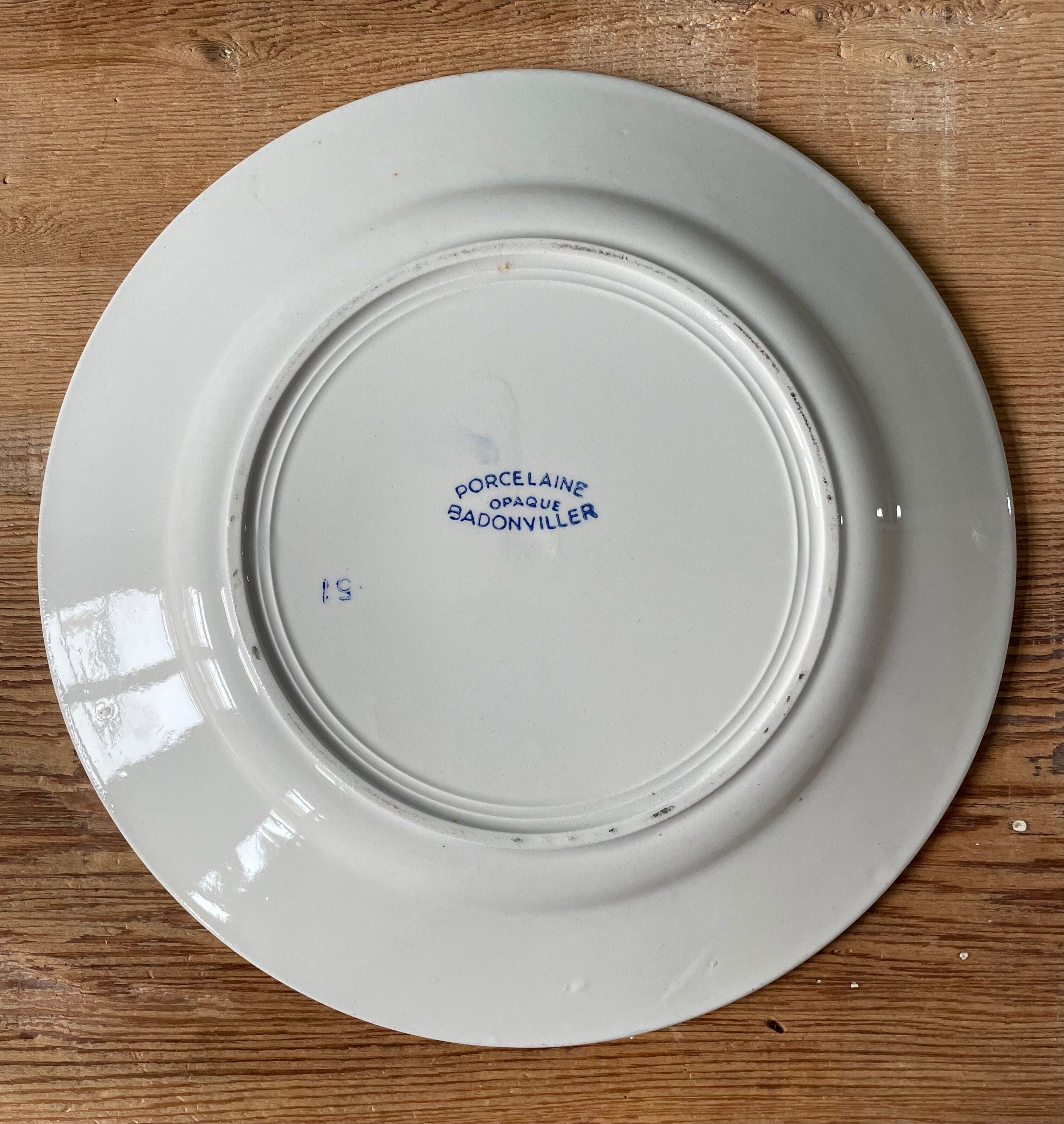 Lot de 9 assiettes plates vintage en porcelaine opaque de Badonviller