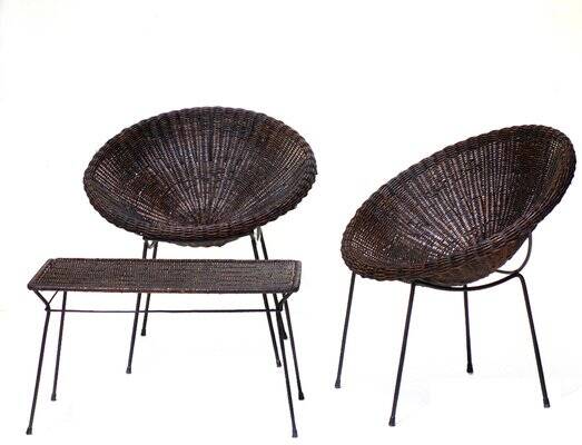 Mid-Century Italian Rattan Armchairs & Table Set, 1950s, Set of 3