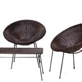 Mid-Century Italian Rattan Armchairs & Table Set, 1950s, Set of 3