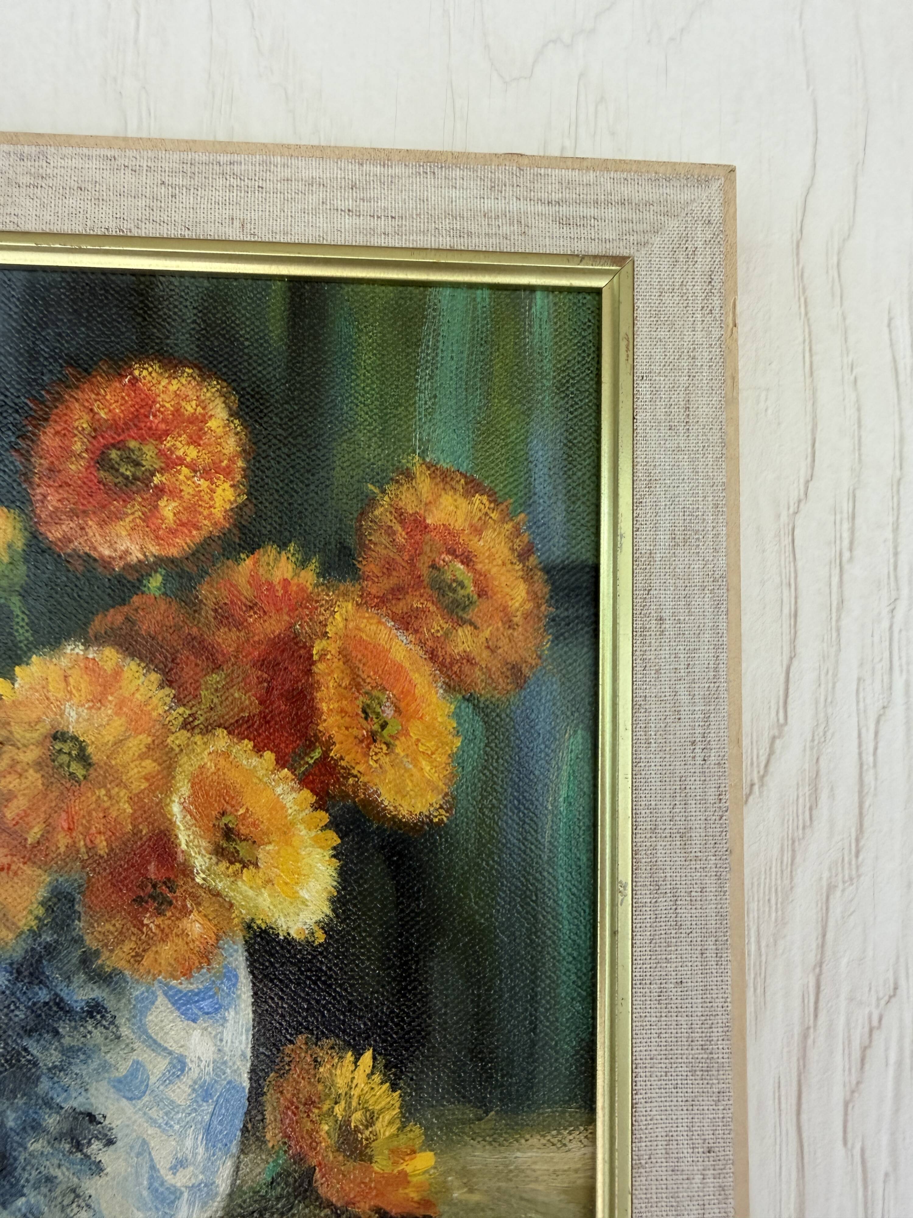 Vintage still life with flowers and pipes – Oil on canvas signed C. Riella