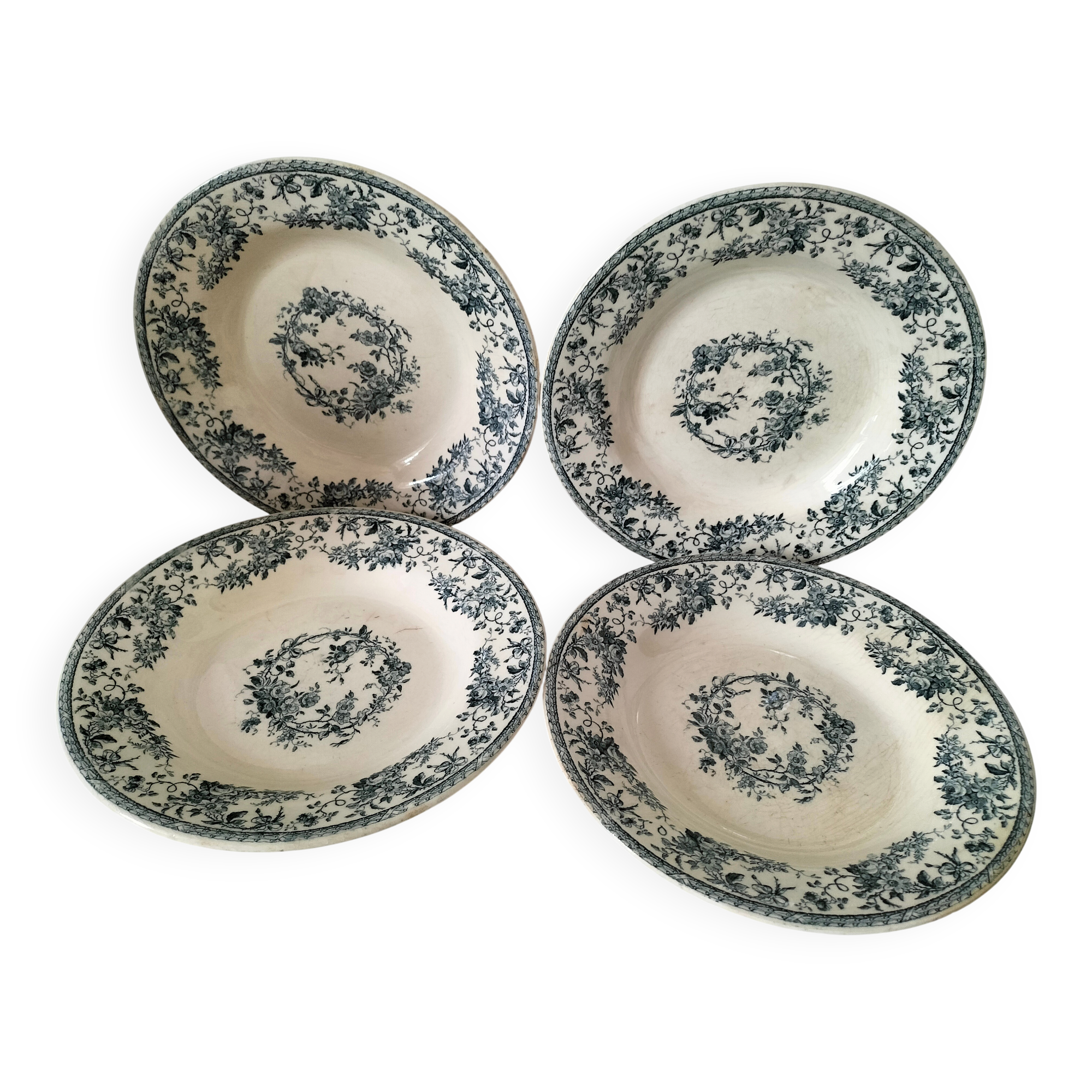 4 assiettes creuses Gien Bouquets de Roses terre de fer bleu de prusse