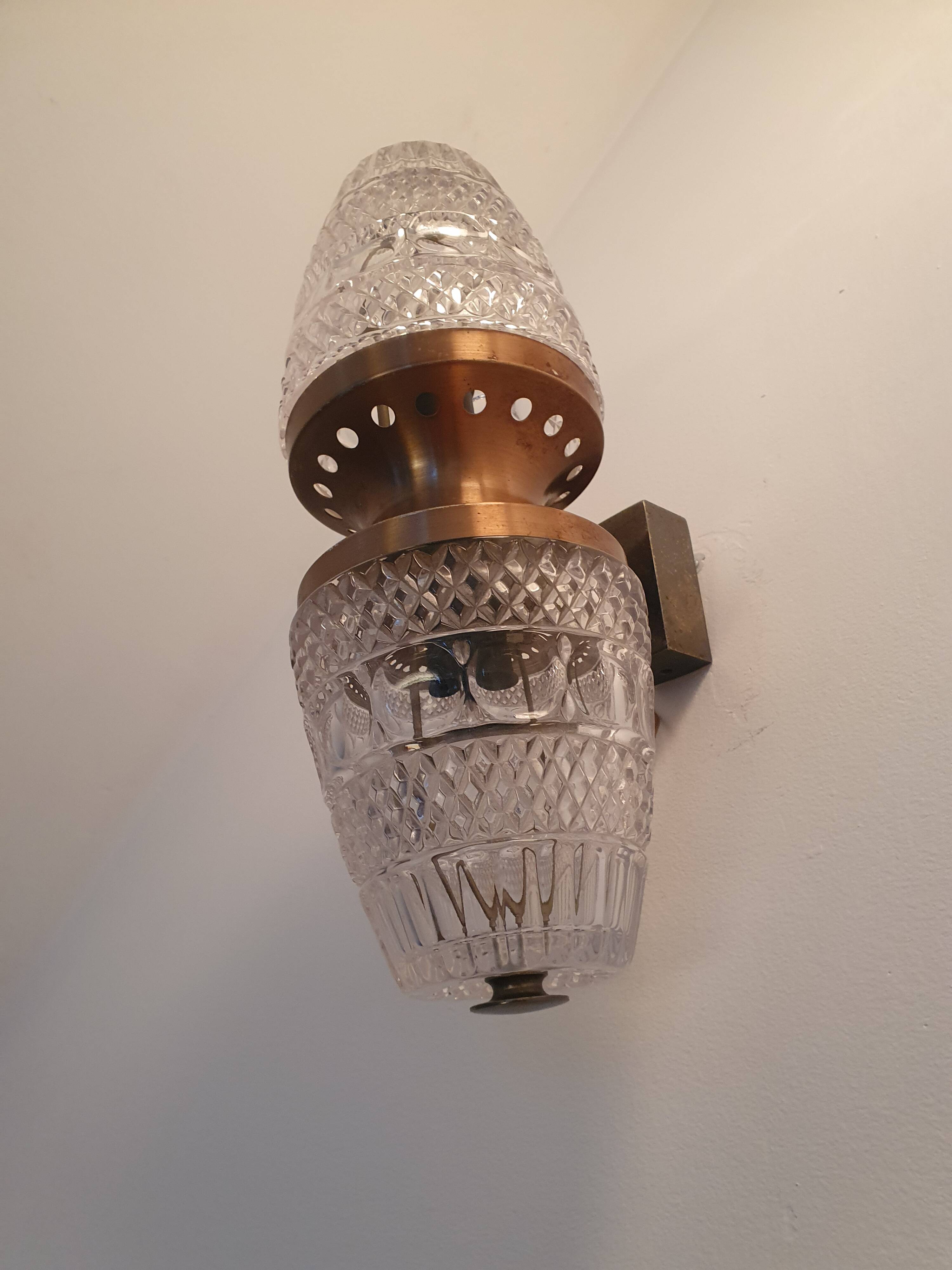 Vintage brass wall light with two crystal glass globes
