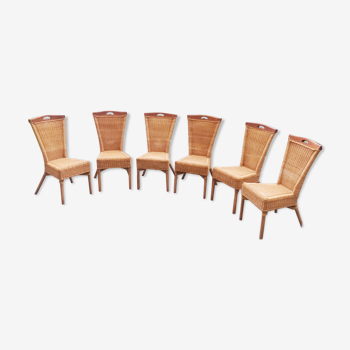 Set of six chairs in woven rattan and solid teak wood, high-end signed NHH