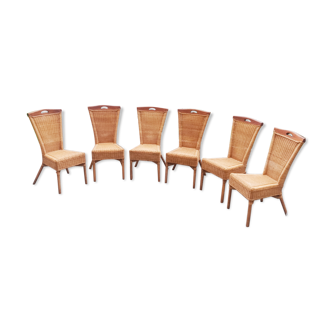 Set de six chaises en rotin tressé et en bois de teck massif, haut de gamme signées NHH