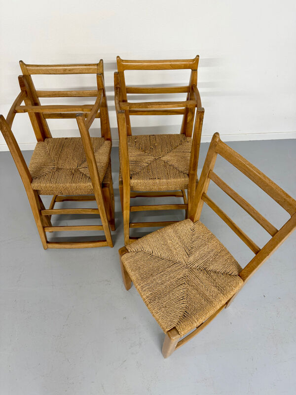 Lot de 5 chaises en bois et assises corde design scandinave années 70