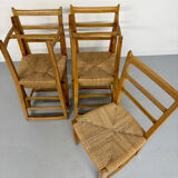 Set of 5 wooden chairs with rope seats, Scandinavian design, 1970s