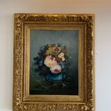 Tableau Ancien Fleur Cadre Doré XIX Huile Toile