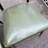 6 Italian design dining chairs in Scandinavian style with wood and olive green leather.