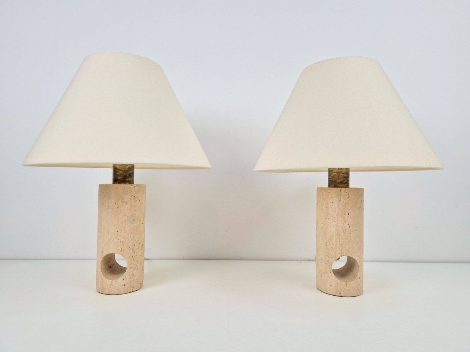 Vintage Travertine Brass Table Lamps attributed to Fratelli Mannelli, Italy, 1970s, Set of 2