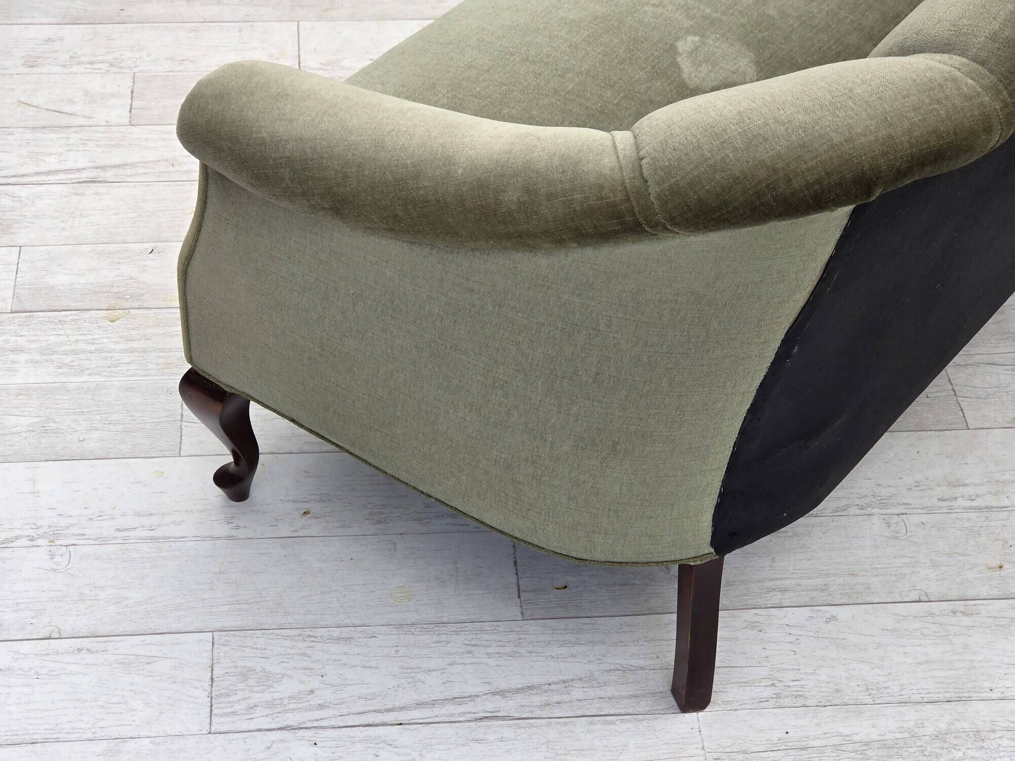1960s, Danish 2-seater sofa, green furniture velour, beech wood.