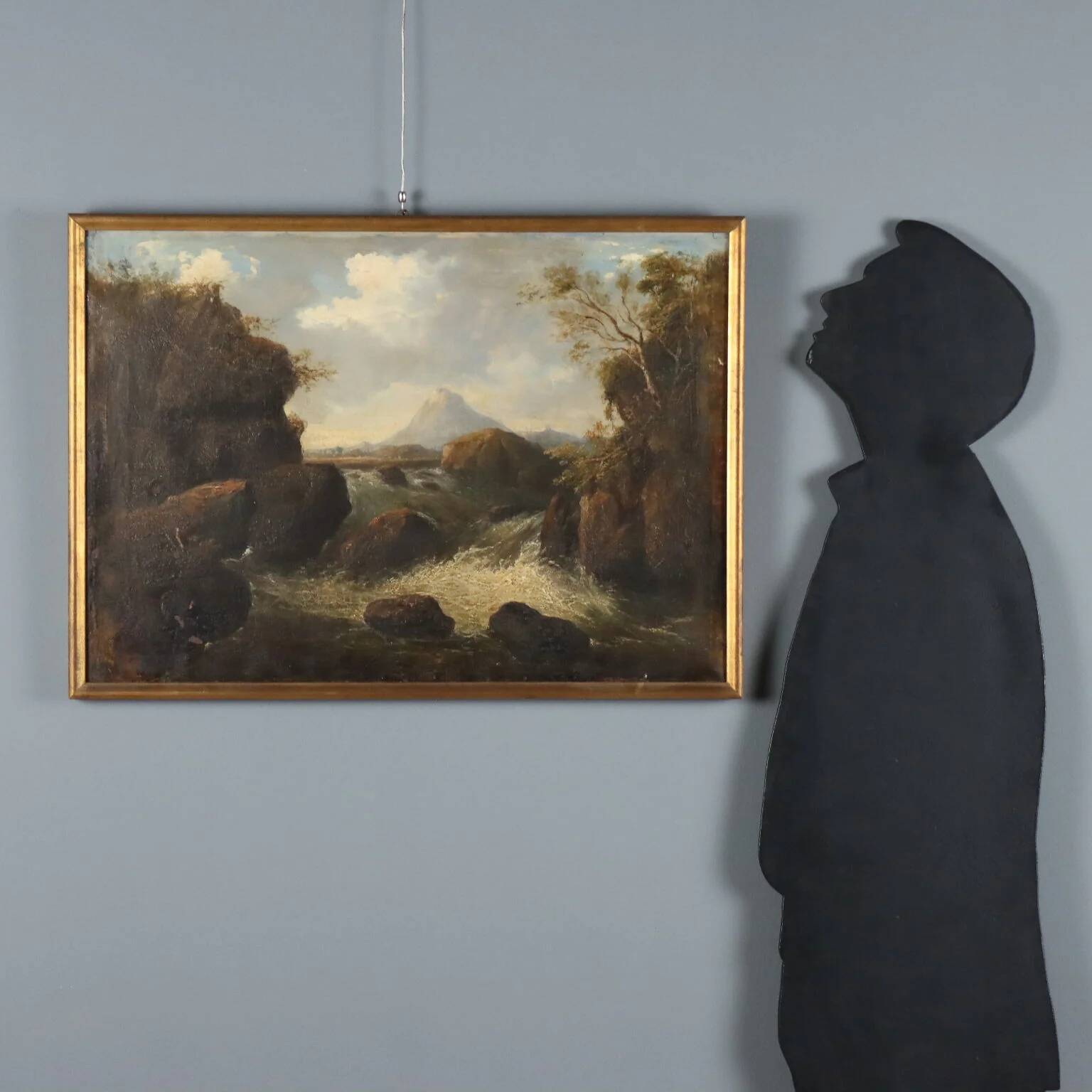 Old painting of a landscape with a river, oil on canvas, 19th century.