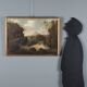 Old painting of a landscape with a river, oil on canvas, 19th century.