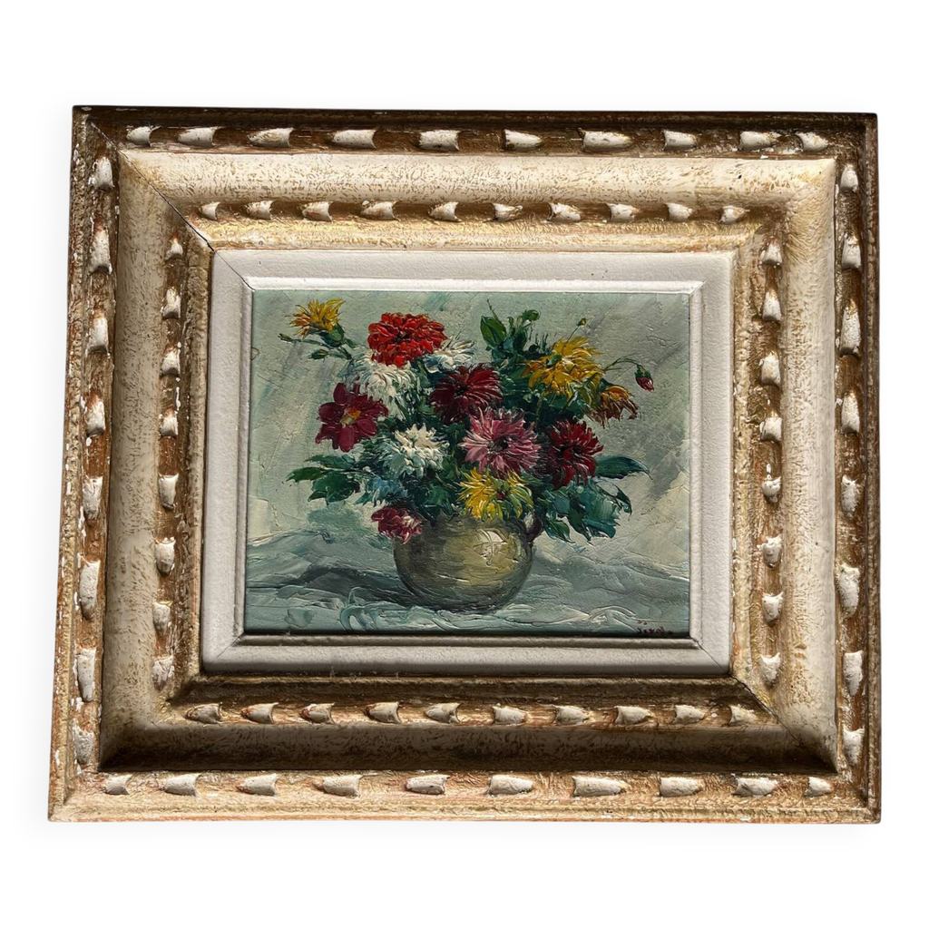 Tableau : huile sur toile - nature morte au bouquet de dahlias | Selency