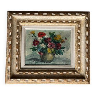 Tableau : huile sur toile - nature morte au bouquet de dahlias