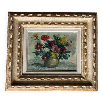 Tableau : huile sur toile - nature morte au bouquet de dahlias