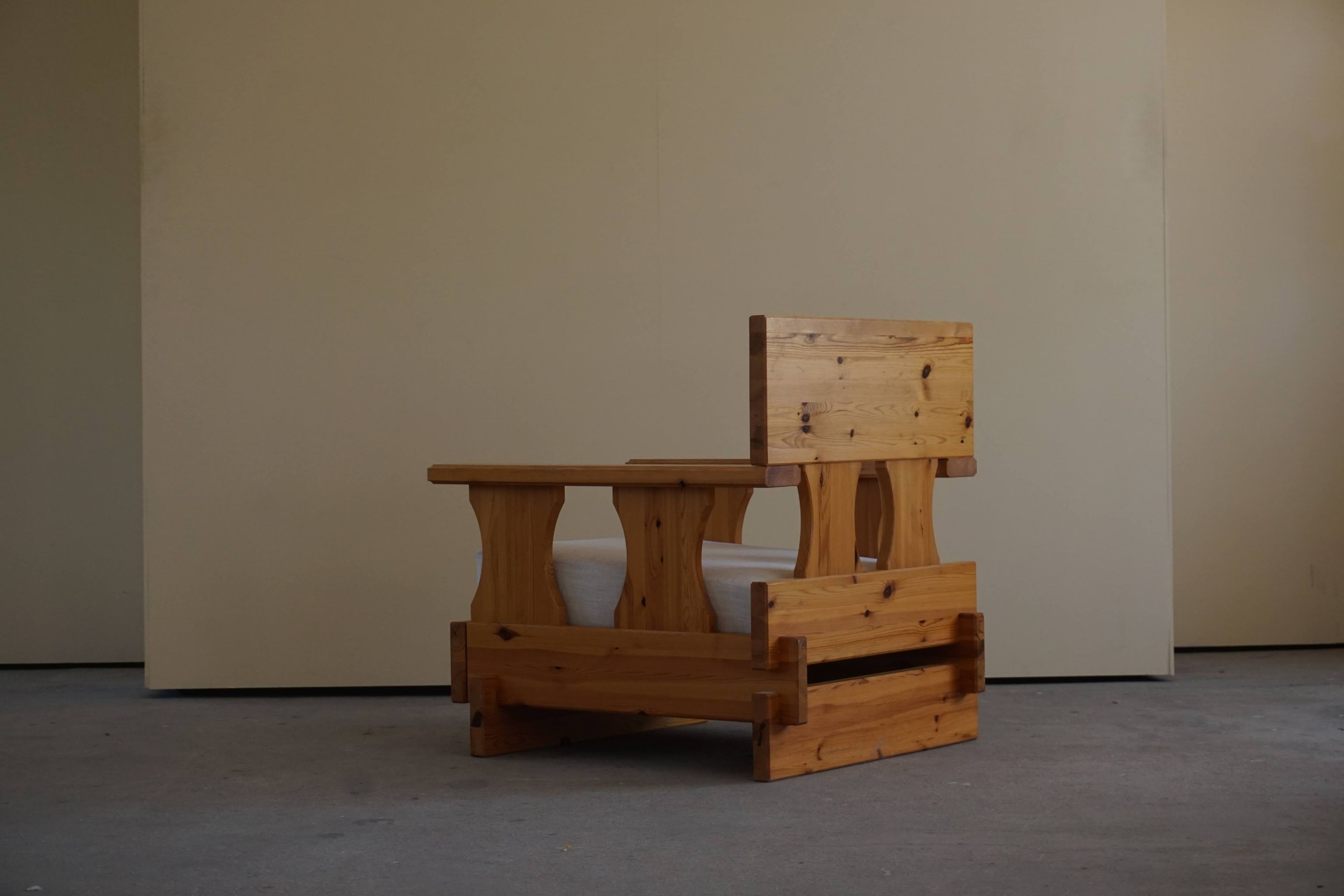 Mid century brutalist solid pine lounge chair with new upholstery, sweden, 1970s