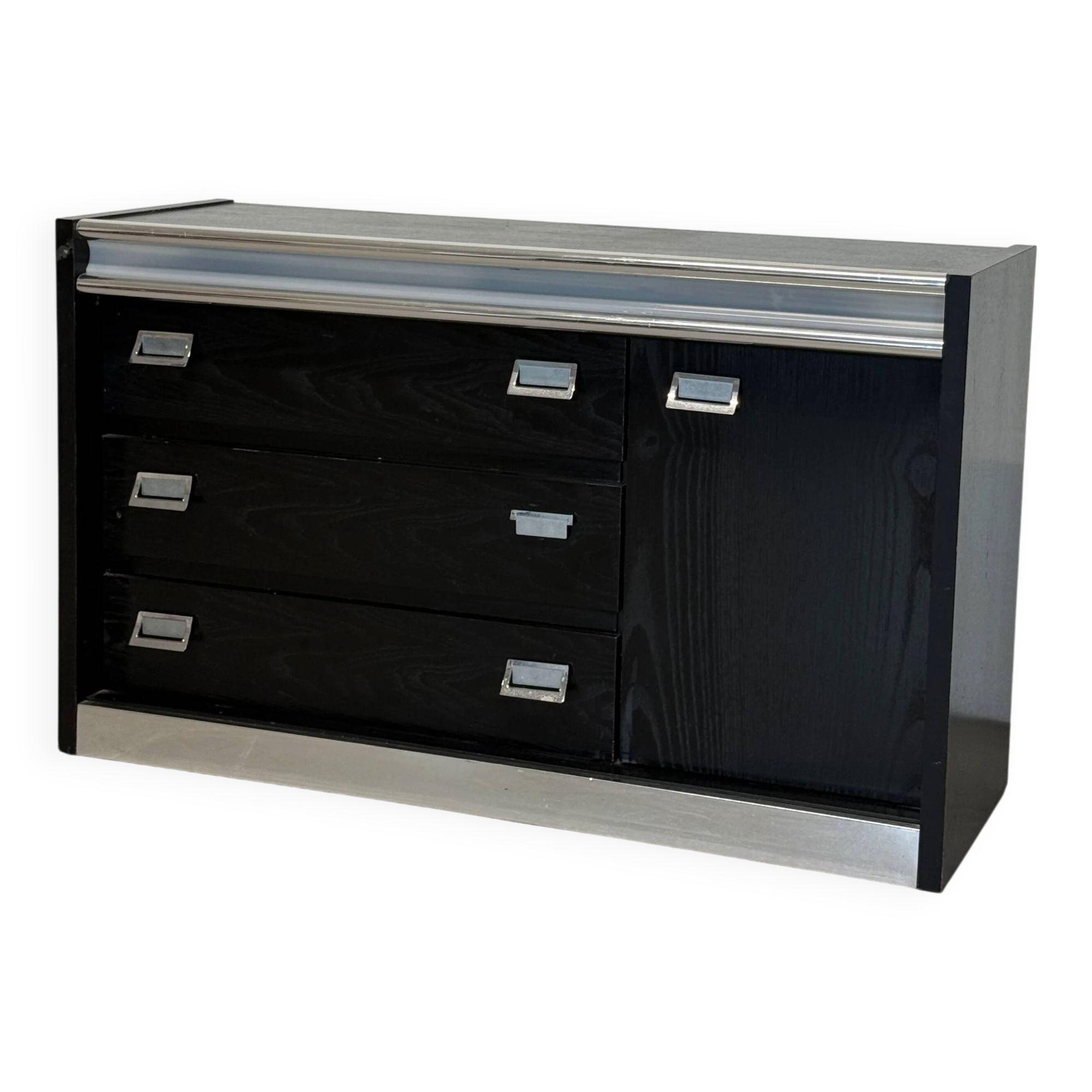 Vintage black lacquered and chrome sideboard | Italian Space Age sideboard from the 1970s