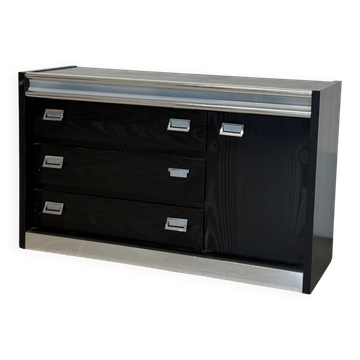 Vintage black lacquered and chrome sideboard | Italian Space Age sideboard from the 1970s