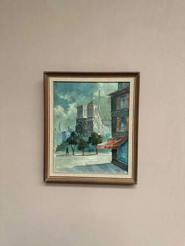 Huile sur toile du milieu du siècle – « Scène de ville » par WB, signée, vintage et encadrée 40×47cm