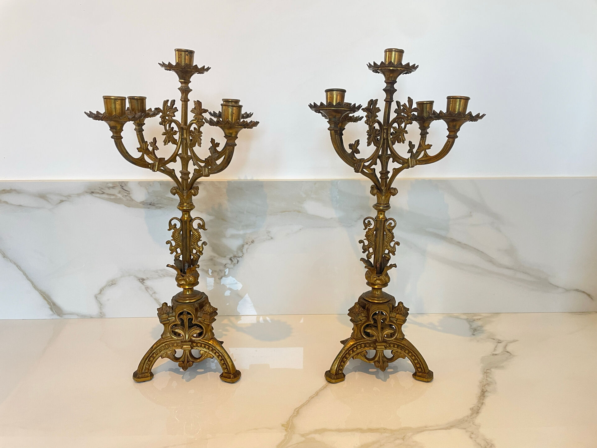 Pair of church candelabra - 19th century - in bronze and brass, 5 lights / c