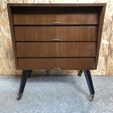 Ancienne commode 4 tiroirs bois pieds compas noir + roulettes années 70 vintage