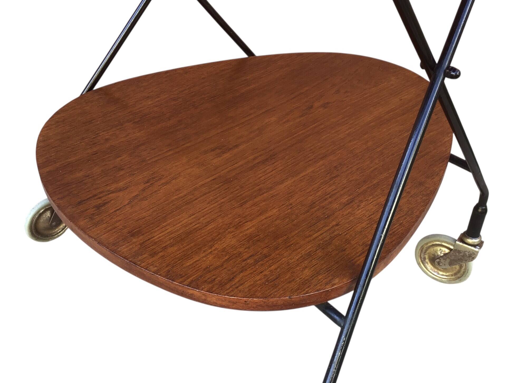 Vintage Scandinavian serving trolley in teak and metal, metal wheels, 1960s