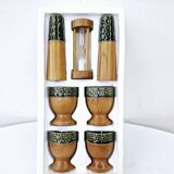 Set of 4 egg cups, salt shakers, pepper shakers and vintage wood and ceramic timer