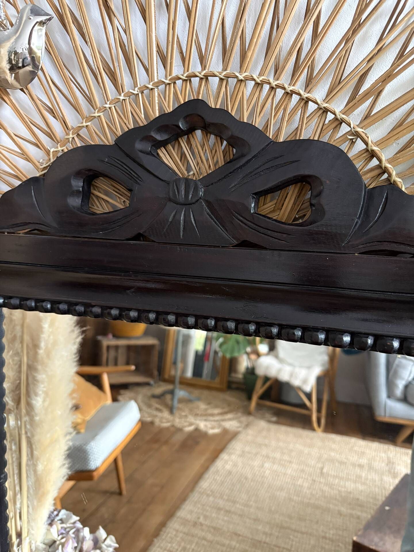 Large antique wooden mirror with sculpted pediment in boho style 118x57cm